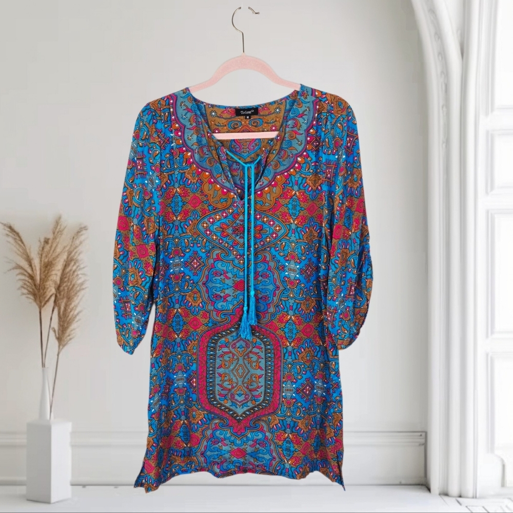 Tolani Blue Multi-Color Paisley Tunic